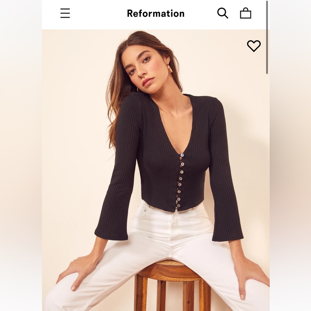Reformation Black Ribbed Button-Front Cardigan